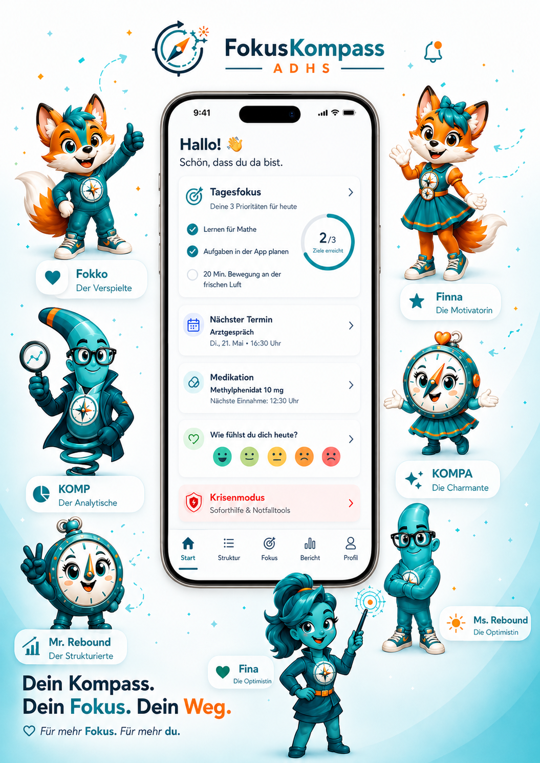 Startseite der FokusKompass ADHS App mit Tagesfokus, Termin, Medikation, Stimmung und Krisenmodus