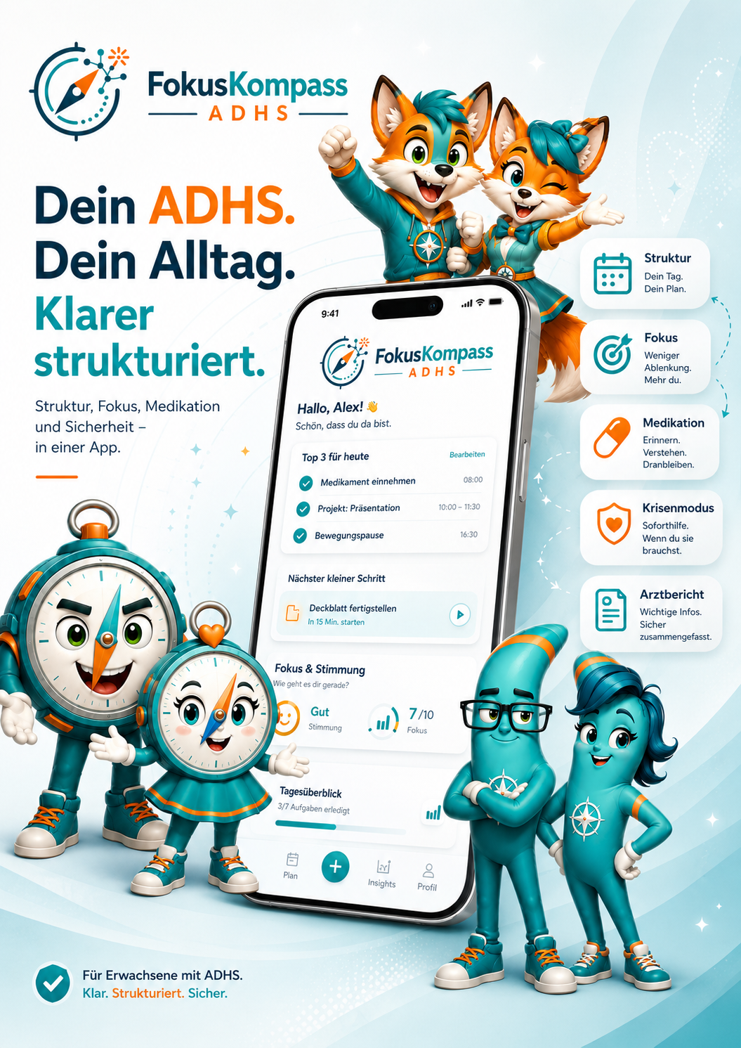 Konzeptvisual der FokusKompass ADHS Startseite mit Navigation, Pitch-Bereich und Funktionsueberblick