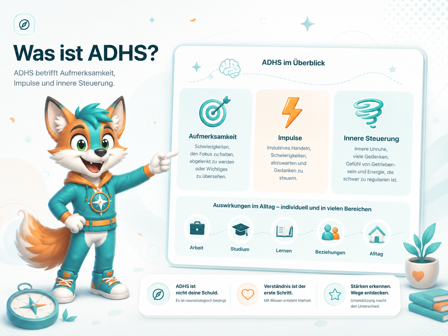 Visual Was ist ADHS mit Aufmerksamkeit, Impulsen, innerer Steuerung und Auswirkungen im Alltag