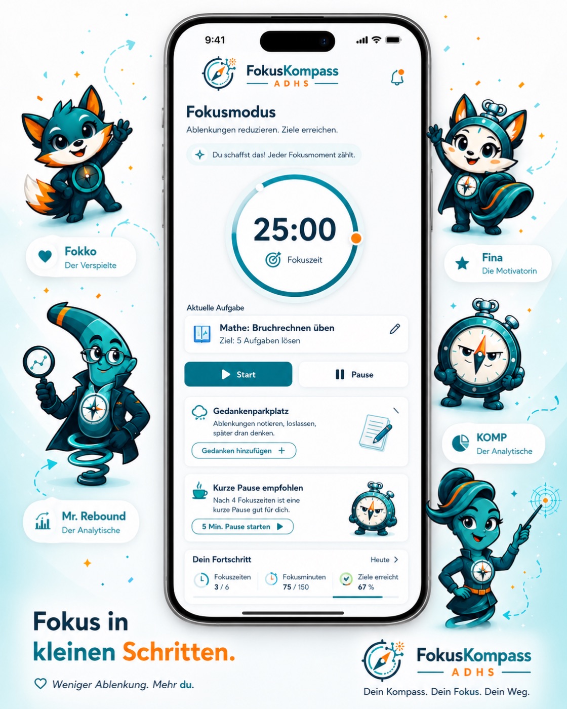 Fokusmodus der App mit 25-Minuten-Timer, aktueller Aufgabe, Gedankenparkplatz und Fortschritt